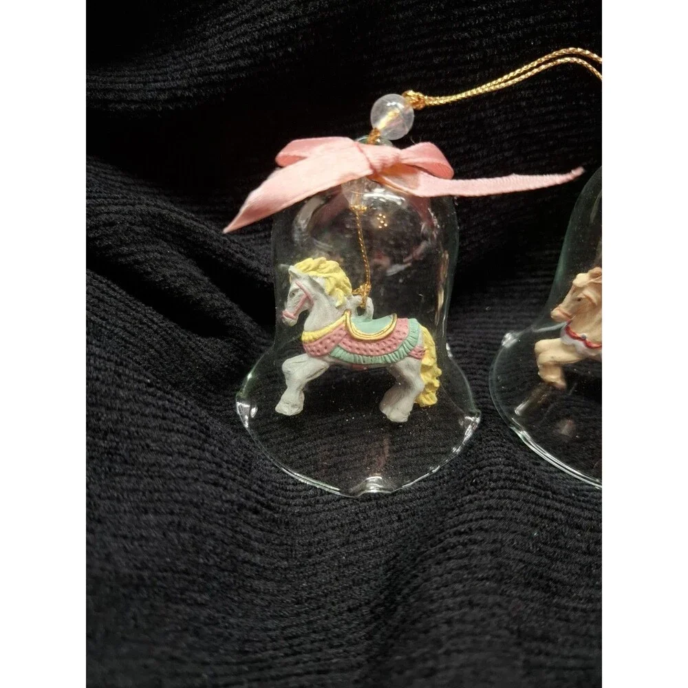 Vintage Clear Glass Bell Ornaments Carousel Horse Clapper Set 3 Christmas 3